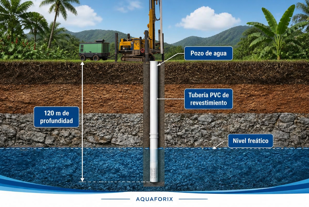 Diagrama de revestimiento con tubería PVC a 120 metros de profundidad en un pozo de agua